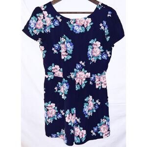 Monteau Women's Small Navy Blue Floral Print Round Neck Romper w/ Pockets
